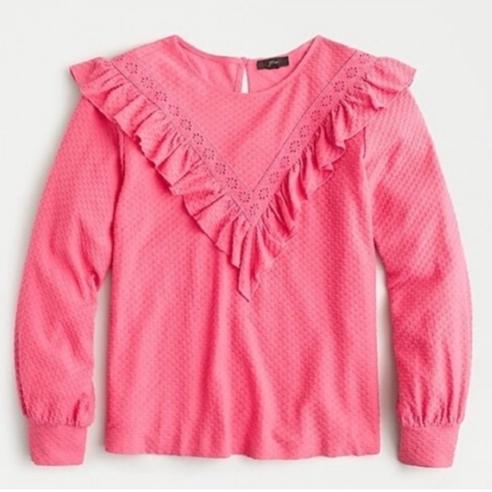 J. Crew Pink Ruffle Trim Honeycomb Knit Top Size Small